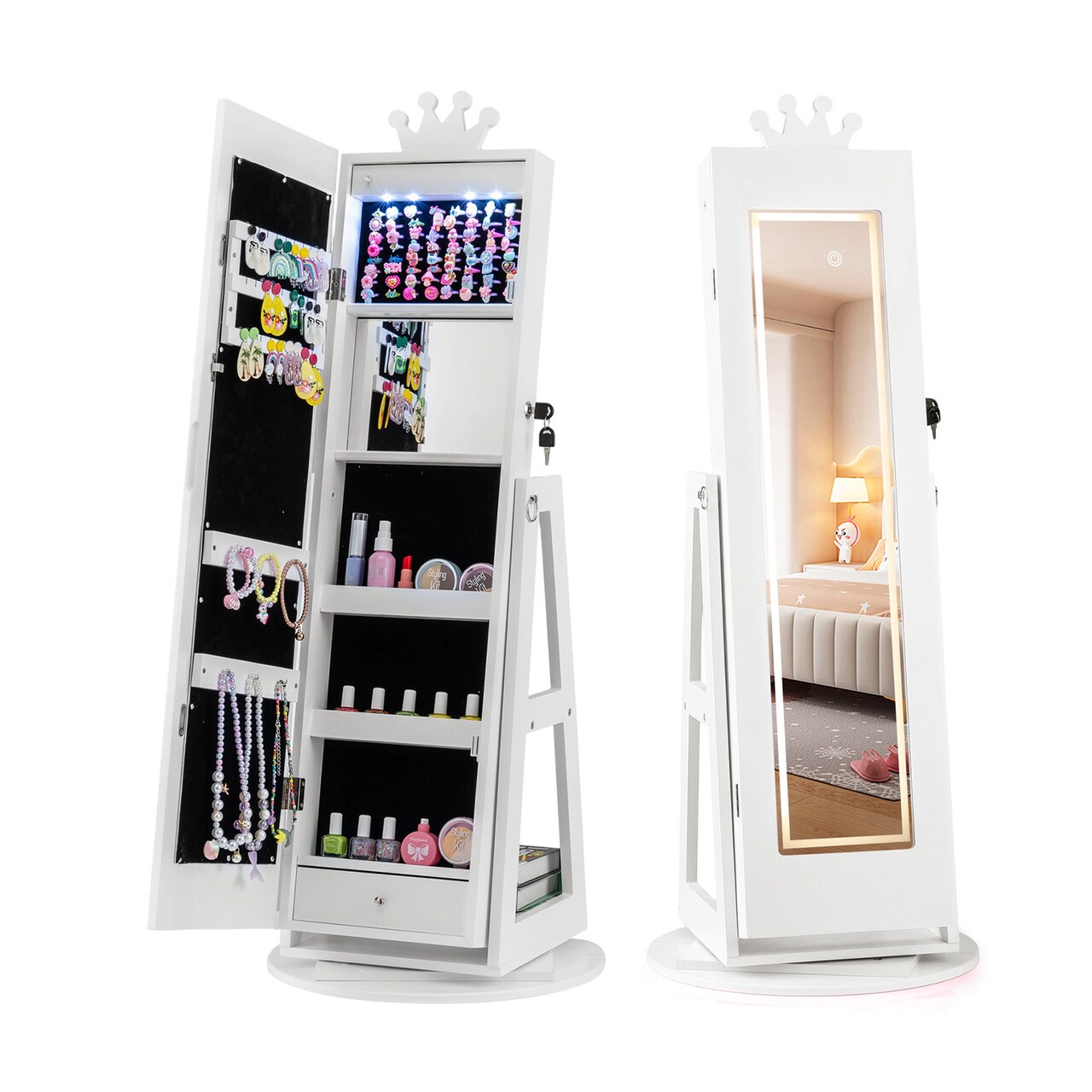 Kids Jewelry Cabinet with Lighted Full-Length Mirror 3 in 1 Swivel Storage Organizer for Girls